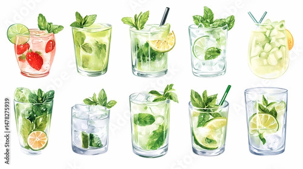 Fototapeta Refreshing Mint Cocktails Illustration: A collection of watercolor illustrations depicting refreshing mint cocktails, showcasing various combinations of lime, mint leaves, ice cubes.