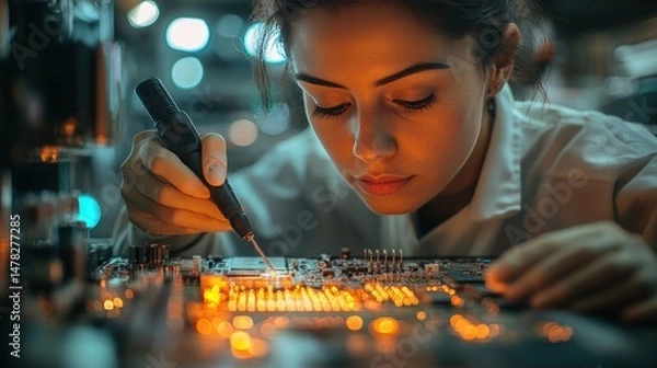 Fototapeta Focused technician works on circuit board