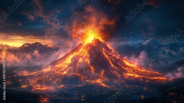 Fototapeta Erupting volcano at sunset, fiery lava flows down the mountain