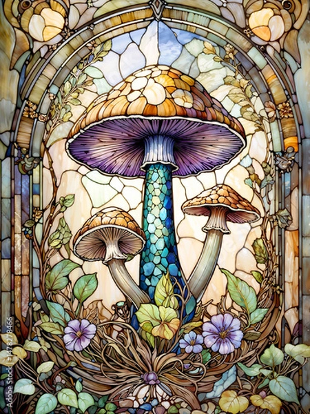 Obraz Iridescent Mushroom Mosaic: Stained glass mushrooms emanate vivid allure, fusing intricate design elements with bold radiance.