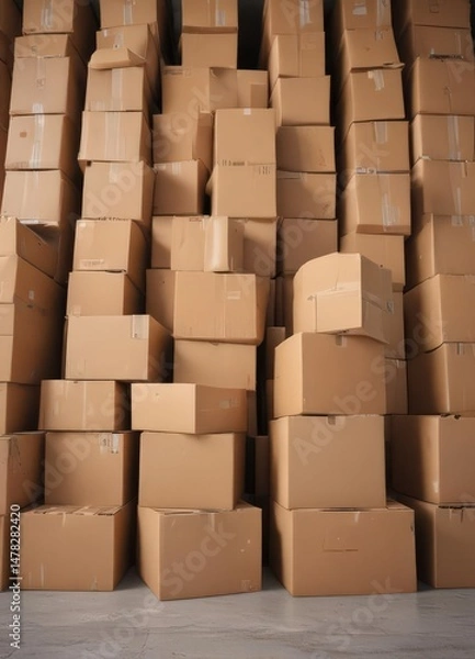 Fototapeta Neatly stacked used cardboard boxes, ready for recycling pickup ,  pickup,  container,  compact