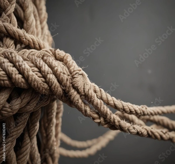 Fototapeta Frayed rope under extreme tension, near breaking , thread, fiber