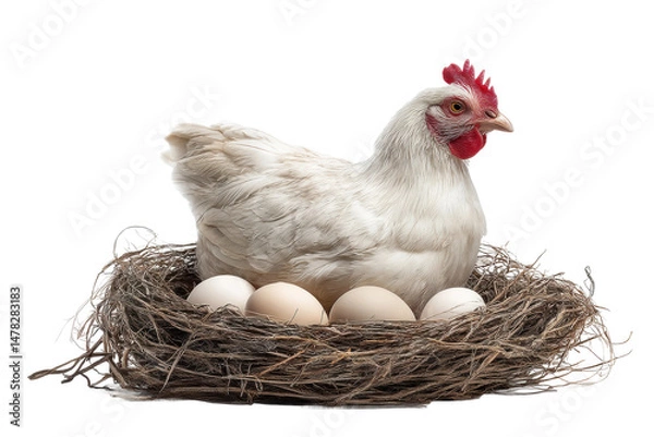 Fototapeta PNG White chicken on nest with eggs in straw nest