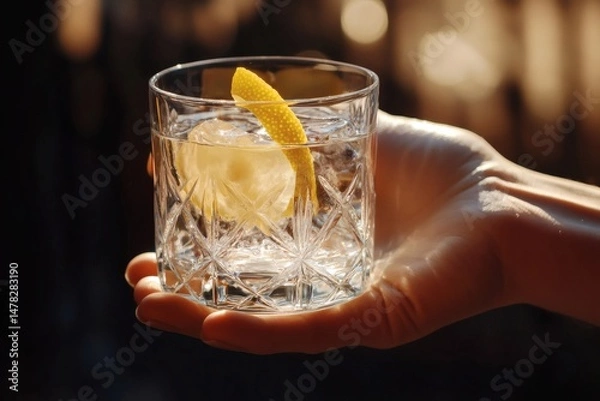 Fototapeta A refreshing drink with a lemon twist in a crystal glass.  The glass is held by a hand, with the setting sun creating a warm glow in the background.  It evokes a sense of relaxation and enjoyment. 
