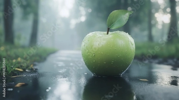 Fototapeta Misty green apple resting on black surface with shallow depth of field for bold focus