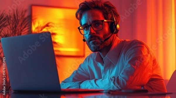 Fototapeta Focused worker at laptop in colorful neon light