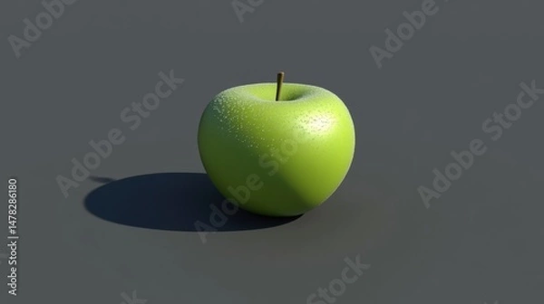 Fototapeta Single dewy green apple centered on a deep-toned background, emphasizing freshness and hydration