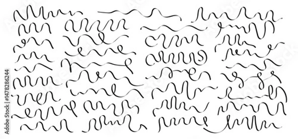Fototapeta Abstract doodle hand drawn set of black vector curly ribbons, swashes, calligraphy lines. Flourish wavy swirls, elegant strokes for graphic design, frame and underline border decoration