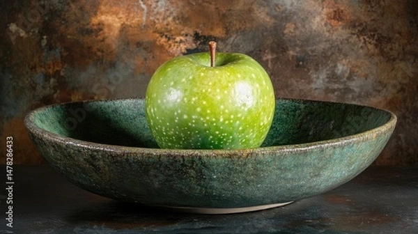 Fototapeta Studio photo of water-speckled green apple on deep black ceramic for rich color contrast