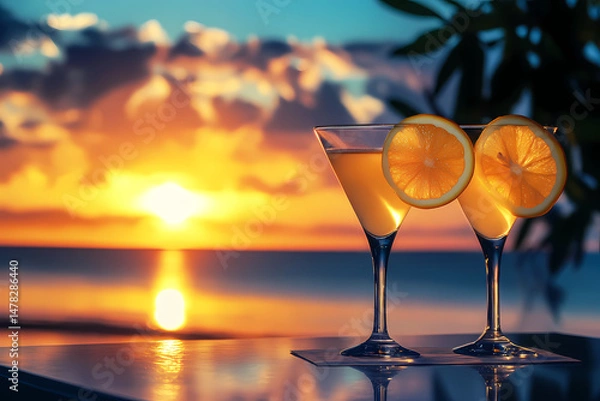 Fototapeta Cocktail toast in Sunset: Capturing the essence of tropical luxury, this shot unveils two elegant martini glasses, garnished with citrus, poised against a breathtaking sunset.