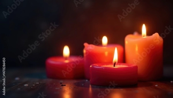 Fototapeta Flickering candle flames against dark background, soft, element