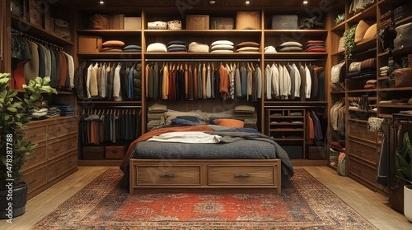 Fototapeta Spacious walk-in closet with bed