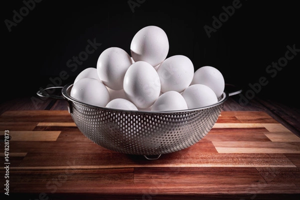 Obraz Huevos de pollo en cesta aislados sobre fondo negro. cerrar