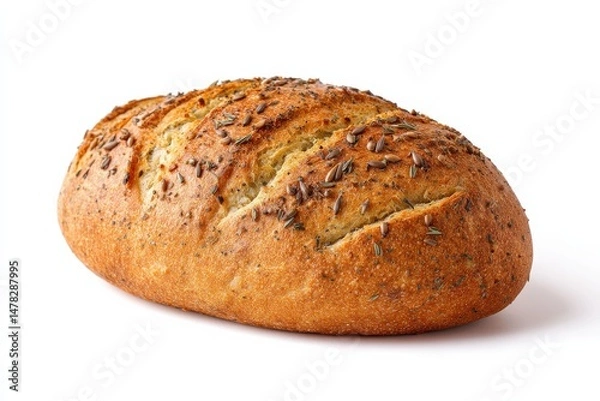 Fototapeta A loaf of crusty artisan bread, speckled with seeds, sits on a white background.