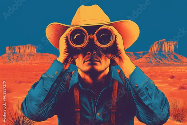 Fototapeta Cowboy’s Vantage: A stoic cowboy, adorned in a classic hat and suspenders, directs his gaze through binoculars towards the desert landscape, a testament to the spirit of exploration and adventure.