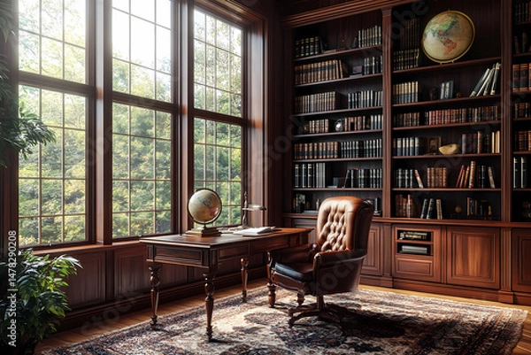 Fototapeta Timeless Library: A classic library with natural light, complete with a traditional desk, a globe, and shelves lined with books creates an atmosphere of wisdom and tranquility.