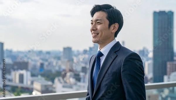 Fototapeta 屋上から都会の景色を眺めるビジネスマン