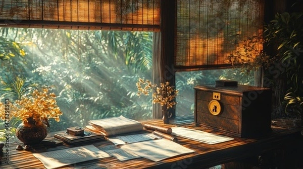Fototapeta Tranquil, sunlit study with view of lush forest. Wooden desk, papers, inkwell, and decorative items