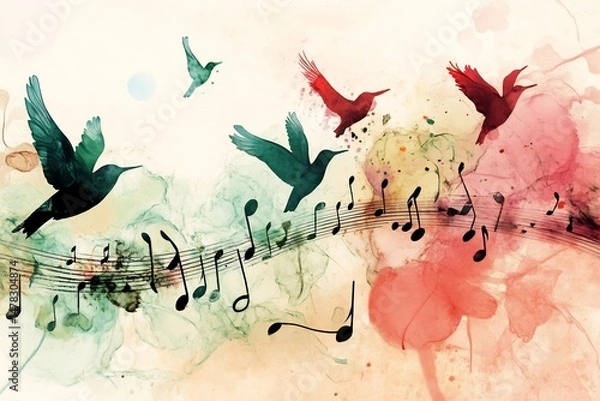 Obraz Digital painting of music notes transforming into birds symbolizing emotional freedom voice through song surreal symbolic art