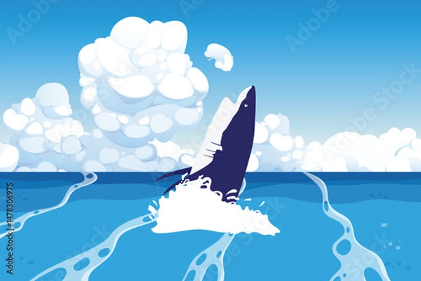 Obraz A cartoon illustration of a great white shark with big teeth, leaping out of the water with a smile illustration