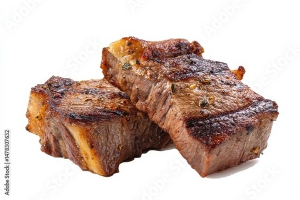 Fototapeta Two delicious grilled steaks, seasoned and ready to eat.