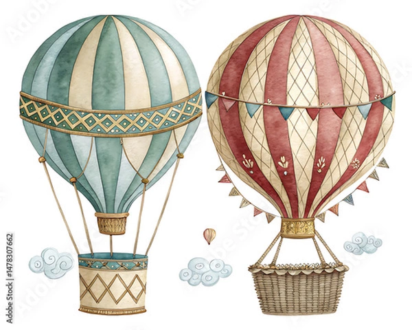Fototapeta Two vintage hot air balloons with decorative baskets and clouds on a white background artwork