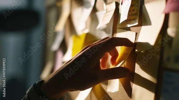 Fototapeta Close-Up Shot of a Hand Placing Sticky Notes on an Agile Board for Effective Project Management