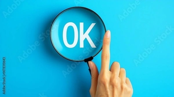 Fototapeta A close up of a magnifying glass over the word ok on a blue background with a hand near the glass