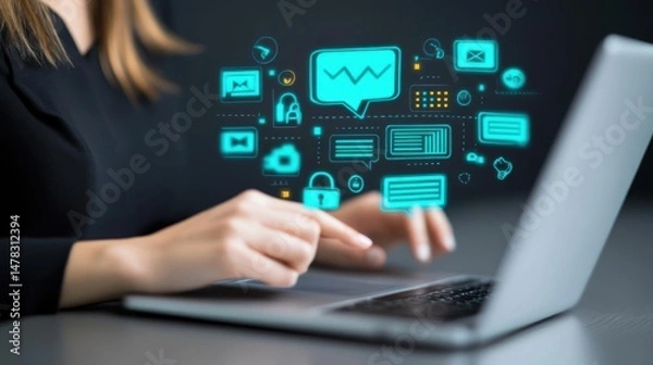 Fototapeta Woman Uses Laptop with Message Icons and Internet Technology Concept Theme