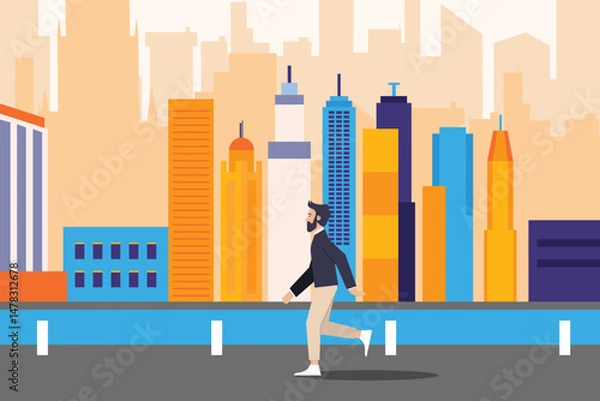 Obraz Man going along city street. Urban panorama with buildings, and road. Horizontal cityscape. Scene with citizens walking at sidewalks in town. 