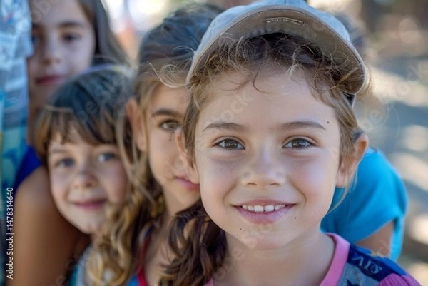 Fototapeta Portrait of a smiling little girl with her friends in the background