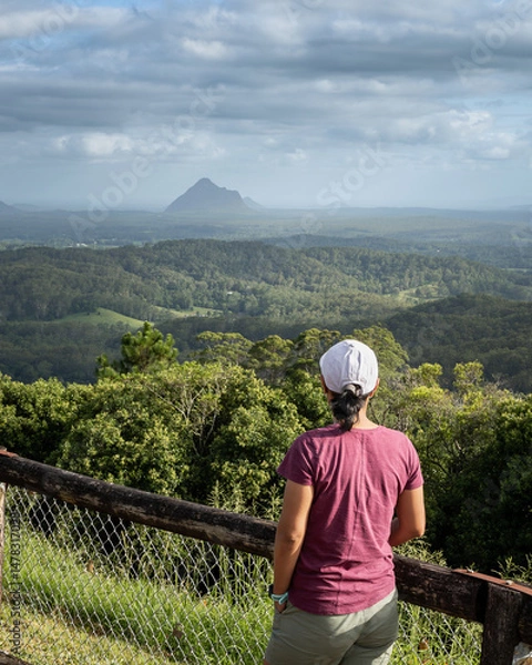 Obraz Woman enjoying mountain view from lookout point