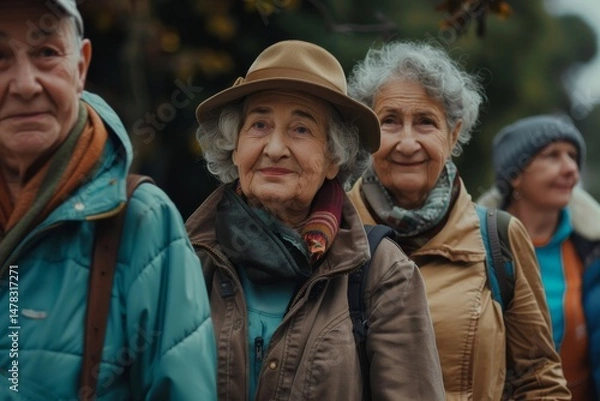 Fototapeta Group of senior friends walking in a park. They are smiling.