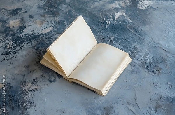 Fototapeta Open Blank Book Mockup on Textured Blue-Gray Surface – Minimalist High-Resolution Scene for Editorial or Print Design Showcase

