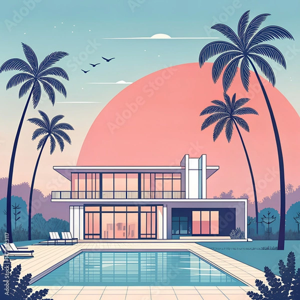 Fototapeta Stylized Tropical Villa with Pool and Palm Trees at Sunset — Retro Futuristic AI Illustration

