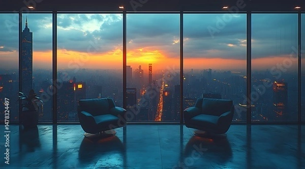 Fototapeta Modern Office Space Mockup with Two Chairs Overlooking City Skyline at Sunset with Dramatic Clouds and Warm Orange Hues

