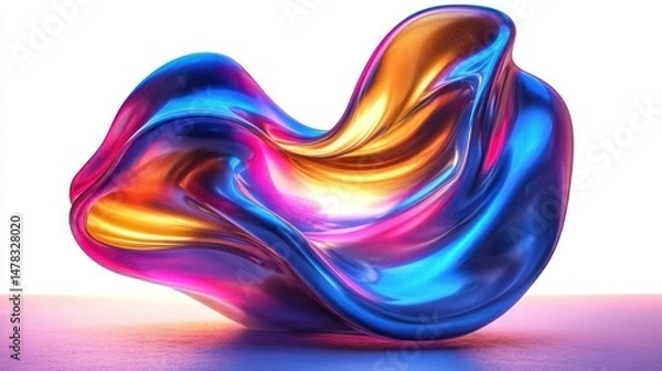 Fototapeta Abstract smooth flowing liquid-like shape with vibrant metallic blue, orange, pink, and purple colors on a reflective surface creating a futuristic and dynamic feel