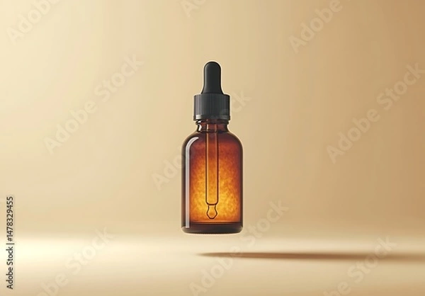 Fototapeta Glass Dropper Bottle Mockup with Black Lid Hovering Against Warm Beige Background Showcasing Amber Liquid

