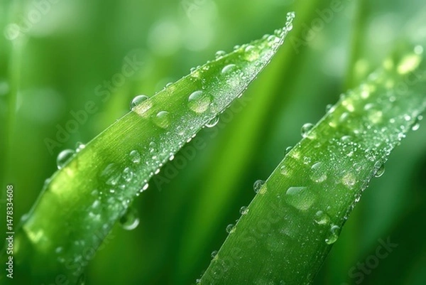 Fototapeta Close-up of green leaves covered with fresh water droplets reflecting light, showing natural texture and vibrant freshness