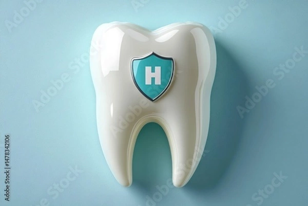 Obraz Glossy white tooth with a blue and gray shield emblem featuring the letter H on a light blue textured background representing dental protection and hygiene