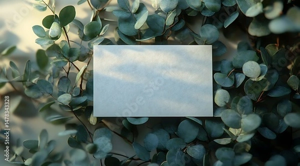 Fototapeta Blank Business Card Mockup Among Lush Green Eucalyptus Leaves with Soft Natural Light and Gentle Shadows

