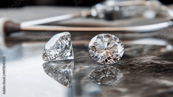 Obraz Two Stunning Diamonds with Reflections on a Textured Gray Surface