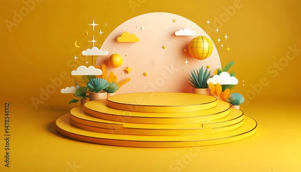 Fototapeta Bright yellow podium with layered steps for presentations