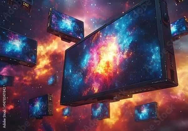 Fototapeta Multiple Floating Screen Mockup Displaying Vibrant Cosmic Scenes with Colorful Stars and Nebulae Backdrop

