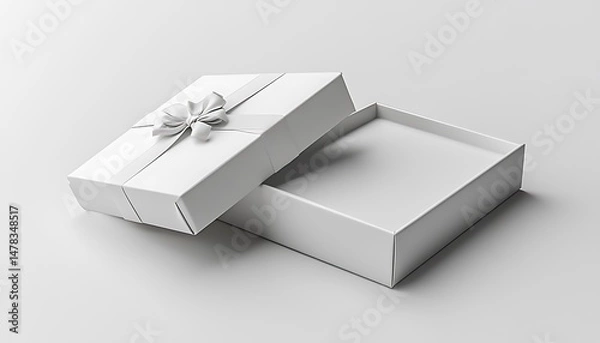Fototapeta Open White Gift Box Mockup with Ribbon and Bow Showing Empty Interior on Light Gray Background

