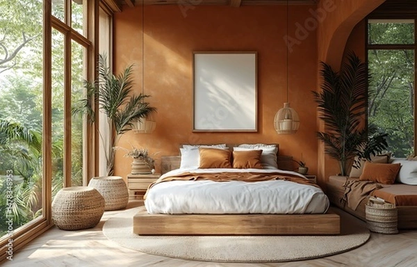 Fototapeta Cozy Modern Bedroom Mockup with Warm Orange Walls Wooden Bed and Large Windows Overlooking Lush Greenery

