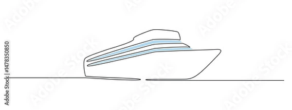 Fototapeta Cruise ship in one continuous line drawing. Sea and ocean yacht in simple linear style. Luxury caribbean travel and vacation in editable stroke. Monoline vector illustration