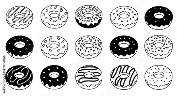 Fototapeta Donut Icons Set: A collection of 15 meticulously crafted donut icons, each showcasing a unique frosting and sprinkle design, ideal for branding, website, and app design.
