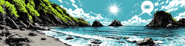 Fototapeta Stunning Vector Illustration of Sunny Beach Landscape with Ocean Waves Rocky Coastline Green Mountain Cliffs Bright Sky and Iconic Crab Speech Bubble Graphic Art Design
