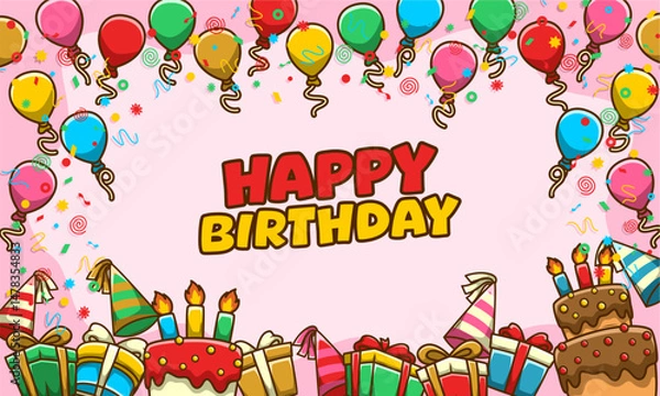 Obraz Happy birthday template background. hand draw flat design style
